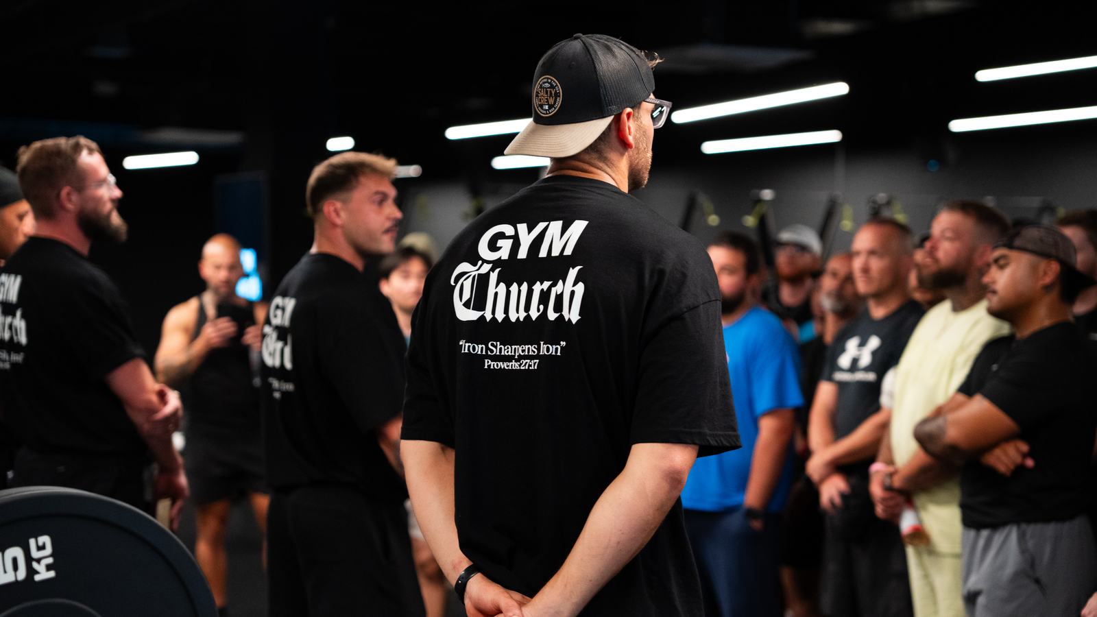 Men gathered at the weekly Gym Church Saturday session in Melbourne
